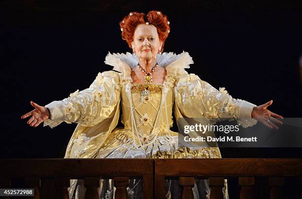 Cast member Anna Carteret bows at the curtain call during the press night performance of "Shakespeare In Love" at The Noel Coward Theatre on July 23,...