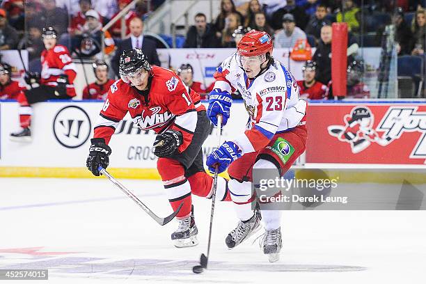 Morgan Klimchuk of the WHL All-Stars defends against Ildar Shiksatdarov of team Russia during Game Six of the WHL-Russia Subway Super Series on...