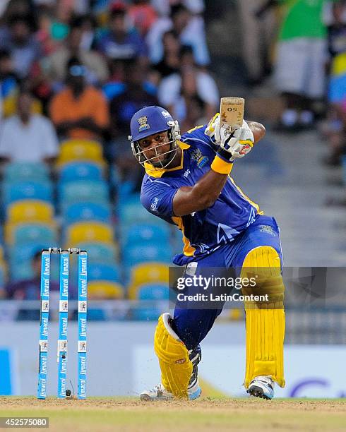 Dwayne Smith of Barbados Tridents hits 4 during a match between Barbados Tridents and St. Lucia Zouks as part of the week 3 of Caribbean Premier...