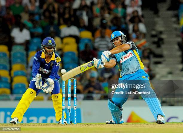 Henry Davids of St. Lucia Zouks hits 4 during a match between Barbados Tridents and St. Lucia Zouks as part of the week 3 of Caribbean Premier League...