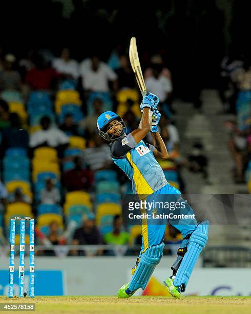 Keddy Lesporis of St. Lucia Zouks hits 6 during a match between Barbados Tridents and St. Lucia Zouks as part of the week 3 of Caribbean Premier...