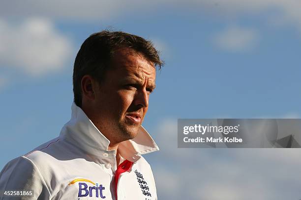 Graeme Swann of England looks on after the end of play on day two of the tour match between the Chairman's XI and England at Traeger Park Oval on...