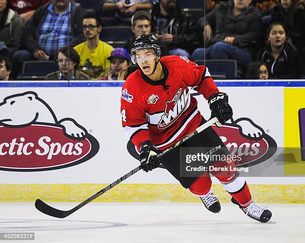 Madison Bowey of the WHL All-Stars skates against team Russia during Game Six of the WHL-Russia Subway Super Series on November 2013 at ENMAX Centre...