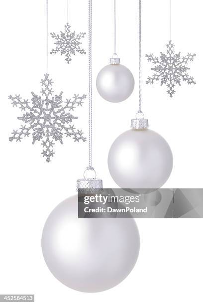 snowflakes and baubles - christmas baubles stock pictures, royalty-free photos & images