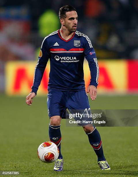 Miguel Lopes of Olympique Lyonnais in action during the UEFA Europa League Group I match between Olympique Lyonnais and Real Betis Balompie at Stade...