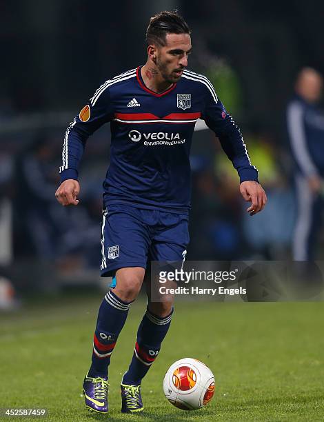 Miguel Lopes of Olympique Lyonnais in action during the UEFA Europa League Group I match between Olympique Lyonnais and Real Betis Balompie at Stade...