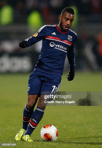 Alexandre Lacazette of Olympique Lyonnais in action during the UEFA Europa League Group I match between Olympique Lyonnais and Real Betis Balompie at...