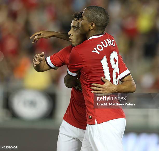 Ashley Young of Manchester United celebrates scoring their sixth goal during the pre-season friendly match between Los Angeles Galaxy and Manchester...