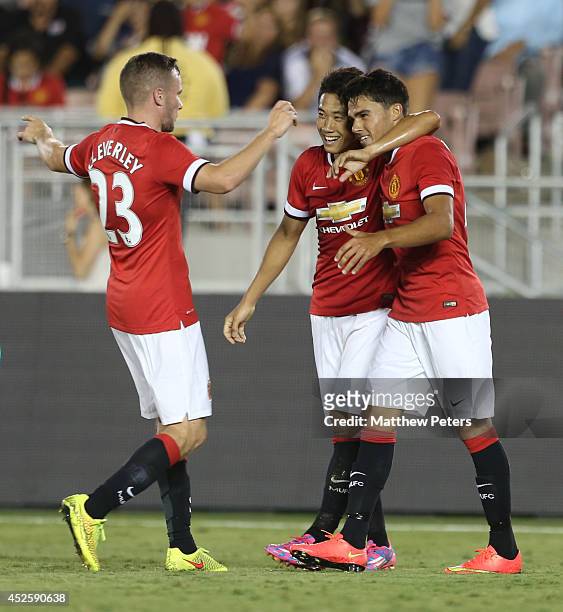 Reece James of Manchester United celebrates scoring their fifth goal during the pre-season friendly match between Los Angeles Galaxy and Manchester...