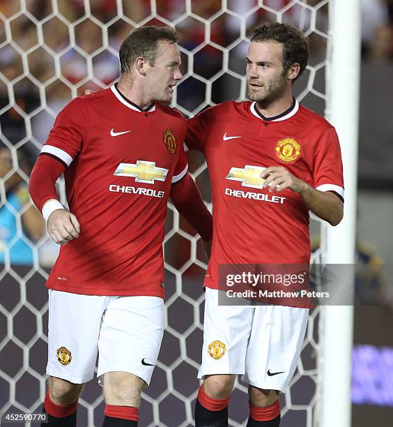 Wayne Rooney of Manchester United celebrates scoring their third goal during the pre-season friendly match between Los Angeles Galaxy and Manchester...