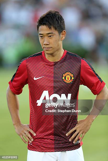 Shinji Kagawa of Manchester United on the field before the match with the Los Angeles Galaxy at the Rose Bowl on July 23, 2014 in Pasadena,...