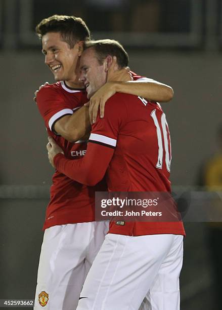 Wayne Rooney of Manchester United celebrates scoring their second goal during the pre-season friendly match between Los Angeles Galaxy and Manchester...