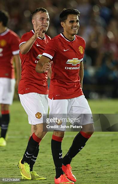 Reece James of Manchester United celebrates scoring their fifth goal during the pre-season friendly match between Los Angeles Galaxy and Manchester...