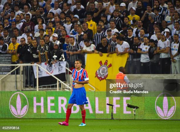 Diego Macedo of Bahia regrets losing the match between Corinthians and Bahia as part of Copa do Brasil 2014 at Arena Corinthians on July 23, 2014 in...