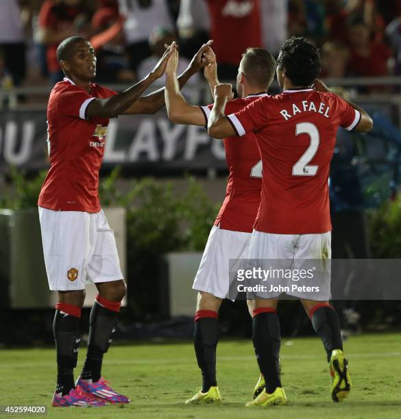 Ashley Young of Manchester United celebrates scoring their seventh goal during the pre-season friendly match between Los Angeles Galaxy and...