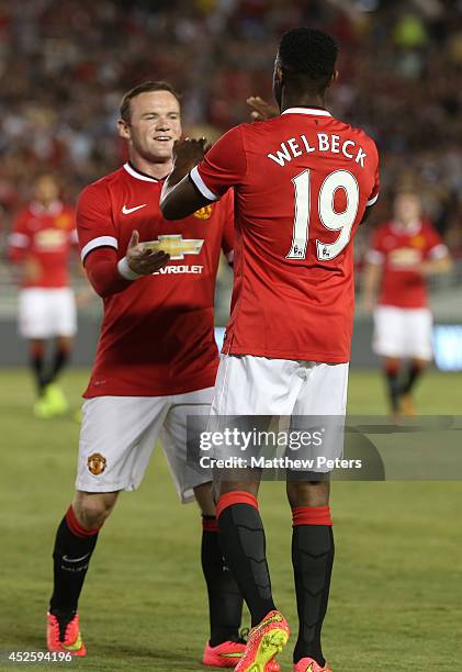 Danny Welbeck of Manchester United celebrates scoring their first goal during the pre-season friendly match between Los Angeles Galaxy and Manchester...