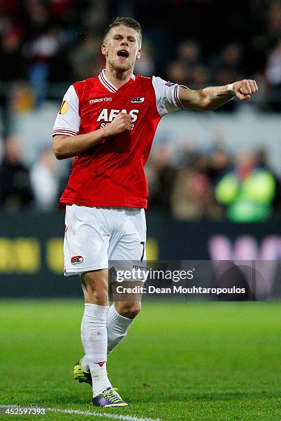 Johann Berg Gudmundsson of AZ celebrates after he shoots and scores the second goal of the ganme during the UEFA Europa League Group L match between...