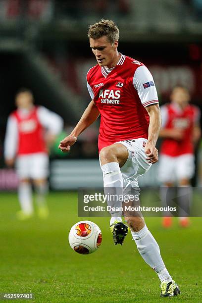 Viktor Elm of AZ in action during the UEFA Europa League Group L match between AZ Alkmaar and Maccabi Haifa FC at the AFAS Stadium on November 28,...