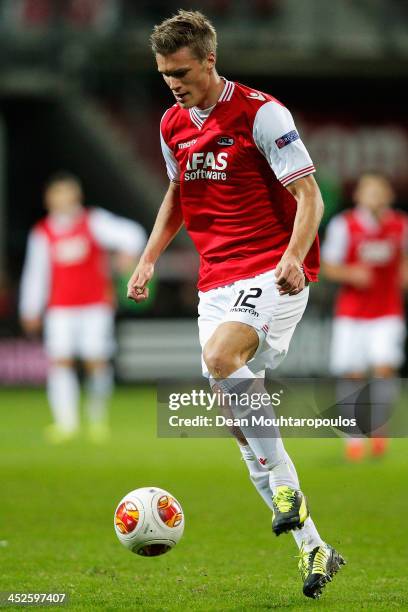 Viktor Elm of AZ in action during the UEFA Europa League Group L match between AZ Alkmaar and Maccabi Haifa FC at the AFAS Stadium on November 28,...