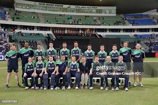 Ireland pose for a team picture ahead of the Ireland v Afghanistan Final at the ICC World Twenty20 Qualifiers at the Zayed Cricket Stadium on...