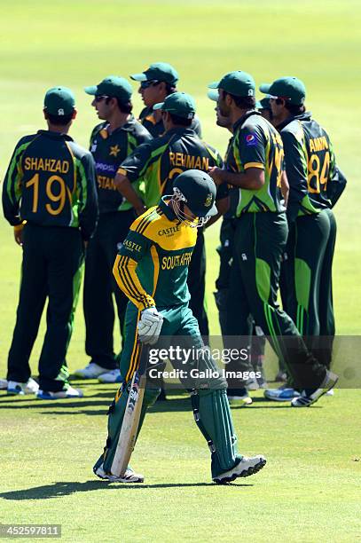 Saeed Ajmal of Pakistan takes the catch for the wicket of Quinton de Kock of South Africa during the 3rd One Day International match between South...