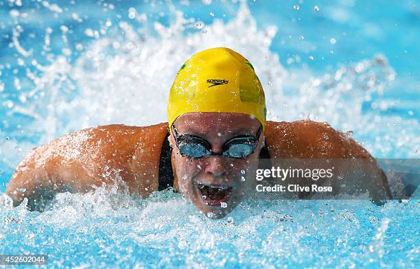 Ellen Gandy of Australia competes in the Women's 100m Butterfly Heat 2 at Tollcross International Swimming Centre during day one of the Glasgow 2014...