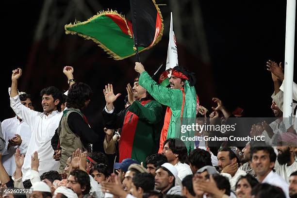 Afghan supporters on the hill at the Zayed Cricket Stadium ahead of the Ireland v Afghanistan Final at the ICC World Twenty20 Qualifiers at the Zayed...