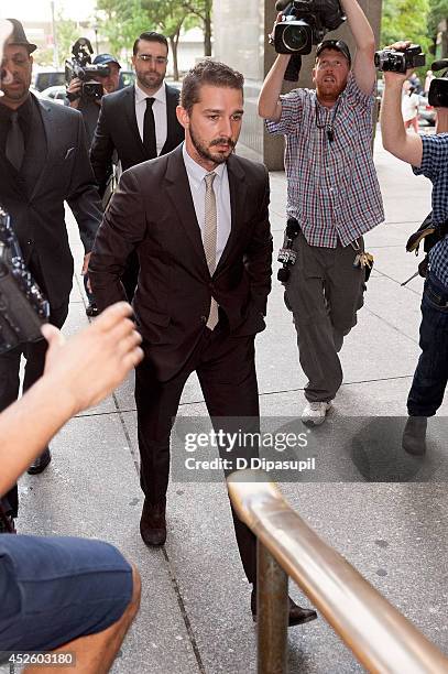 Shia LaBeouf arrives at Manhattan Criminal Court on July 24, 2014 in New York City. LaBeouf was charged with criminal trespass, disorderly conduct,...