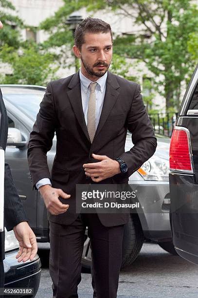 Shia LaBeouf arrives at Manhattan Criminal Court on July 24, 2014 in New York City. LaBeouf was charged with criminal trespass, disorderly conduct,...