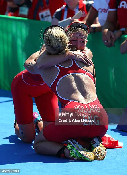 Jodie Stimpson of England celebrates with Vicky Holland of England after they win Gold and Bronze in the Women's Triathlon at Strathclyde Country...