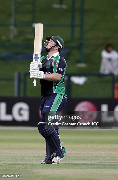 Paul Stirling of Ireland after being dismissed during the Ireland v Afghanistan Final at the ICC World Twenty20 Qualifiers at the Zayed Cricket...