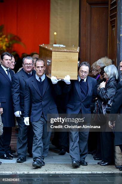 The coffin of French director Georges Lautner by pallbearers during his funeral on November 30, 2013 in Nice, France.