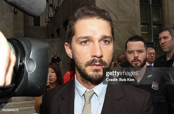 Shia LaBeouf leaves criminal court on July 24, 2014 in New York City.
