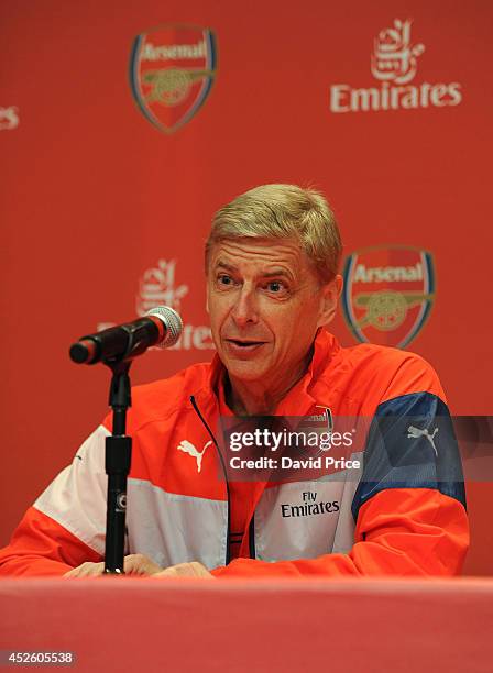 Arsene Wenger the Arsenal Manager talks at the Emirates Business Breakfast in the Ballroom in the W Hotel at on July 24, 2014 in Hoboken, New Jersey.