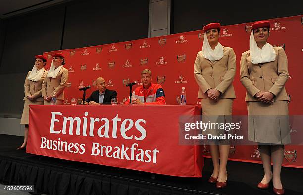 Arsene Wenger the Arsenal Manager and Ivan Gazidis the Arsenal CEO talks at the Emirates Business Breakfast in the Ballroom in the W Hotel at on July...