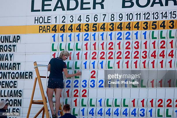 The main scoreboard on the 18th green during the first round of The Senior Open Championship played at Royal Porthcawl Golf Club on July 24, 2014 in...