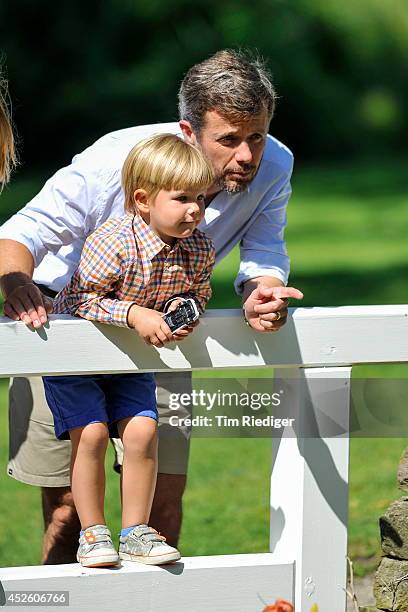 Prince Vincent and Crownprince Frederik attend the annual summer photo call for the Royal Danish family at Grasten Castle on July 24, 2014 in...
