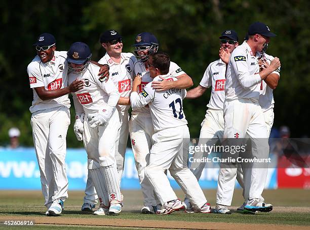 Sussex players Chris Jordan, Ben Brown, Luke Wright, Chris Nash, Craig Cachopa and Luke Wells celebrate winning the match after Warwickshire's Keith...