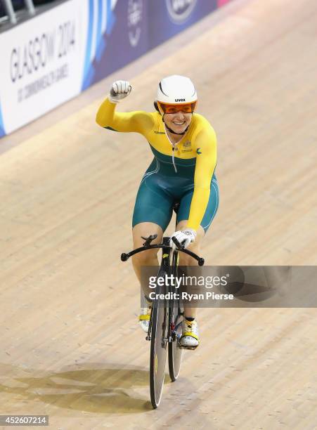 Anna Meares of Australia celebrates after winning the Womens 500m Sprint Final at Sir Chris Hoy Velodrome during day one of the Glasgow 2014...