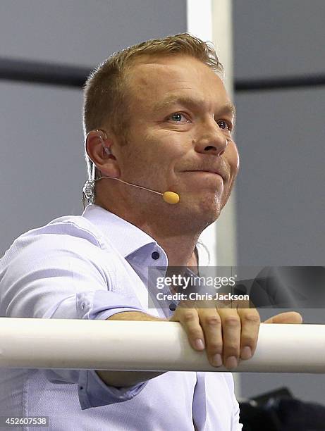 Sir Chris Hoy watches Scotland Race at the Chris Hoy Velodrome in the Emirates Arena during the Commonwealth games on July 24, 2014 in Glasgow,...