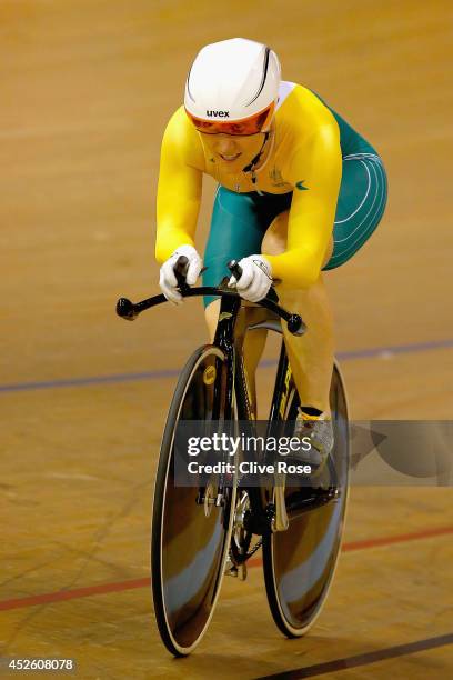 Anna Meares of Australia competes in the Women's 500m Time Trial at Sir Chris Hoy Velodrome during day one of the Glasgow 2014 Commonwealth Games on...
