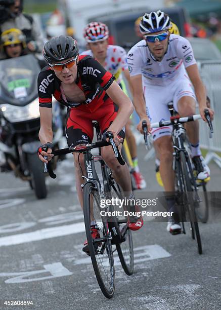Tejay van Garderen of the United States and the BMC Racing Team leads the group with Thibaut Pinot of France and FDJ.fr in the Best young rider's...