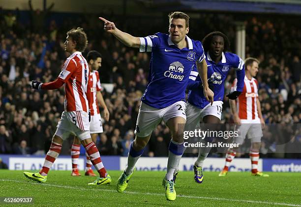 Seamus Coleman of Everton celebrates the second goal the Barclays Premier League match between Everton and Stoke City at Goodison Park on November...