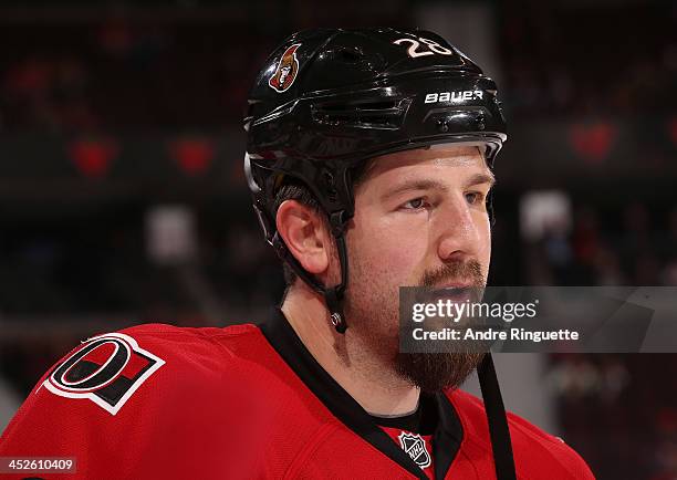 Matt Kassian of the Ottawa Senators looks on during warm up prior to a game against the Boston Bruins at Canadian Tire Centre on November 15, 2013 in...