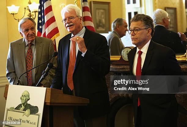 Sen. Tom Harkin , Sen. Al Franken and Rep. George Miller participate in a news conference July 24, 2014 on Capitol Hill in Washington, DC. The news...