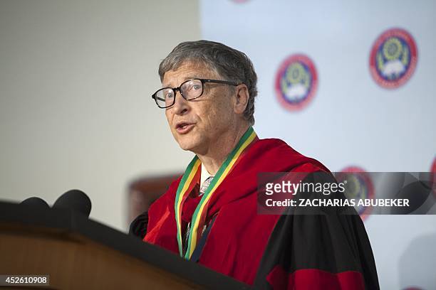 Businessman, inventor and philanthropist Bill Gates, co-chair of Bill and Melinda Gates Foundation, delivers a speech after receiving an honourary...