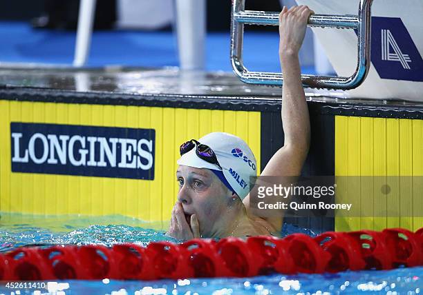 Gold medallist Hannah Miley of Scotland reacts after winning the Women's 400m Individual Medley Final at Tollcross International Swimming Centre...