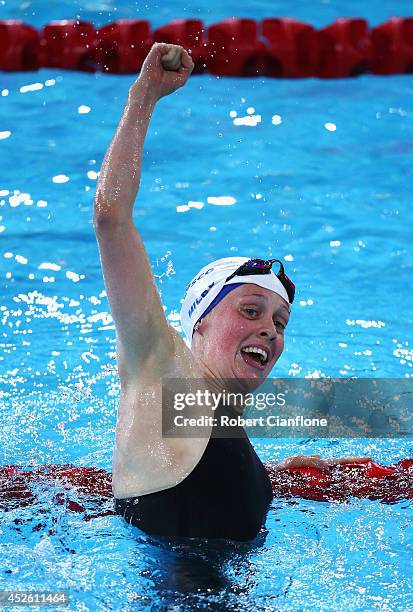 Gold medallist Hannah Miley of Scotland celebrates after winning the Women's 400m Individual Medley Final at Tollcross International Swimming Centre...