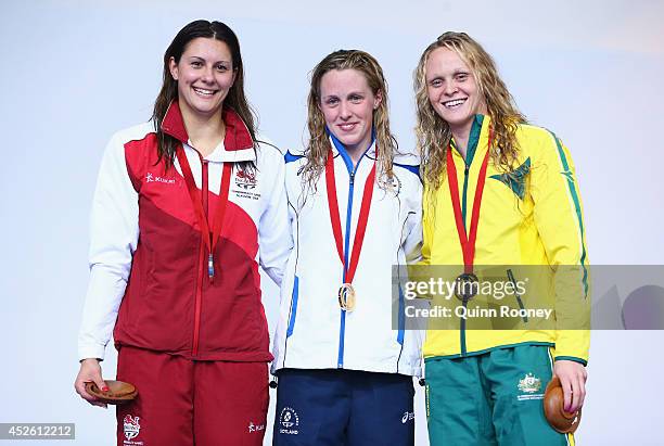 Gold medallist Hannah Miley of Scotland poses with Silver medallist Aimee Willmott of England and Bronze medallist Keryn McMaster of Australia during...