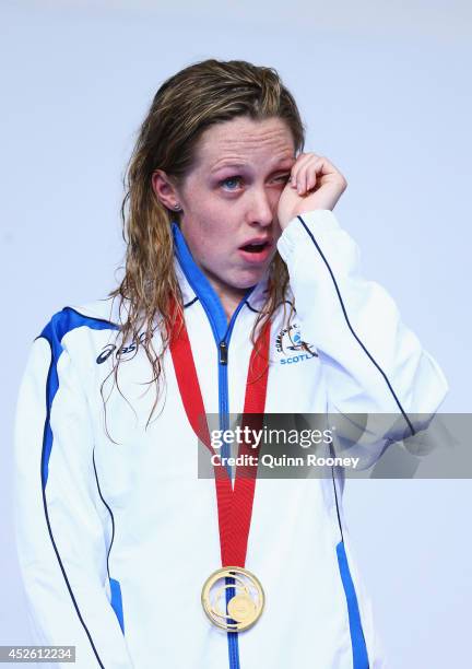 Gold medallist Hannah Miley of Scotland looks on during the medal ceremony for the Women's 400m Individual Medley Final at Tollcross International...